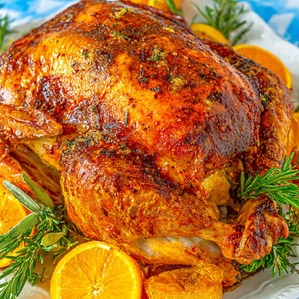 A juicy oven roasted turkey with a side of oranges.