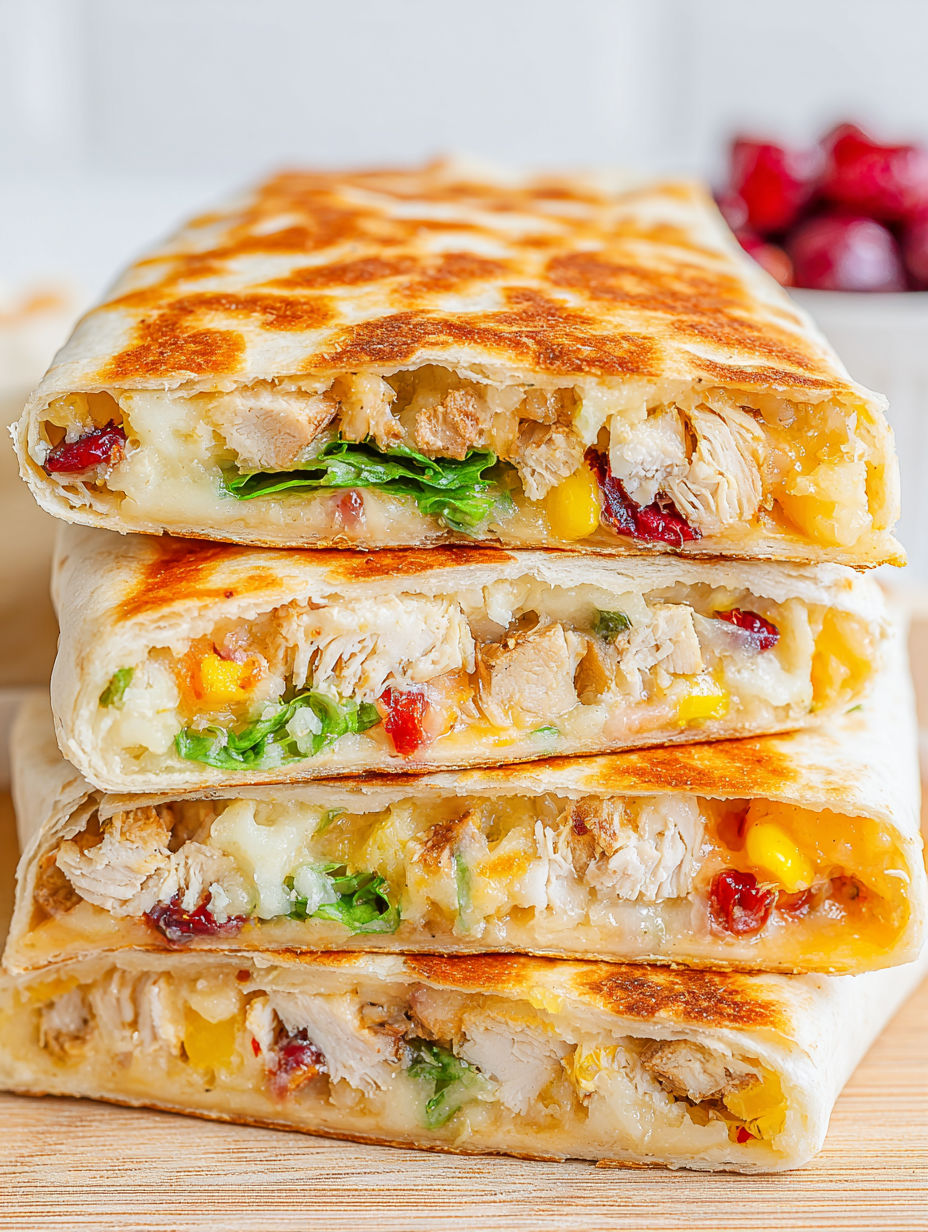 A Thanksgiving Crunchwrap is stacked on a table.
