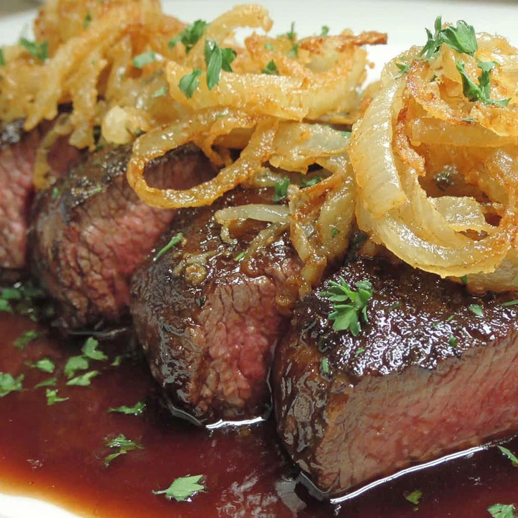 A plate of meat with onions on top.