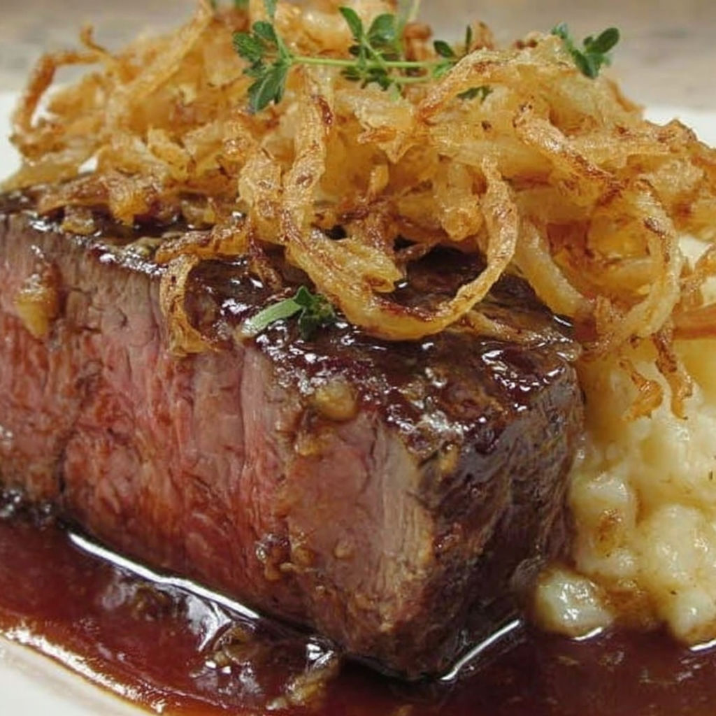 A plate of food with a steak and potatoes.