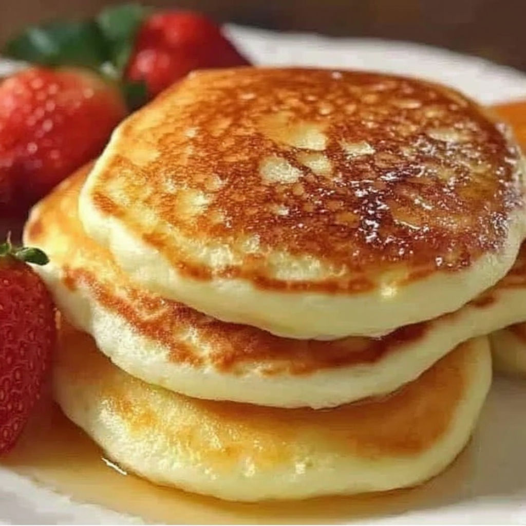 A stack of pancakes with strawberries on top.