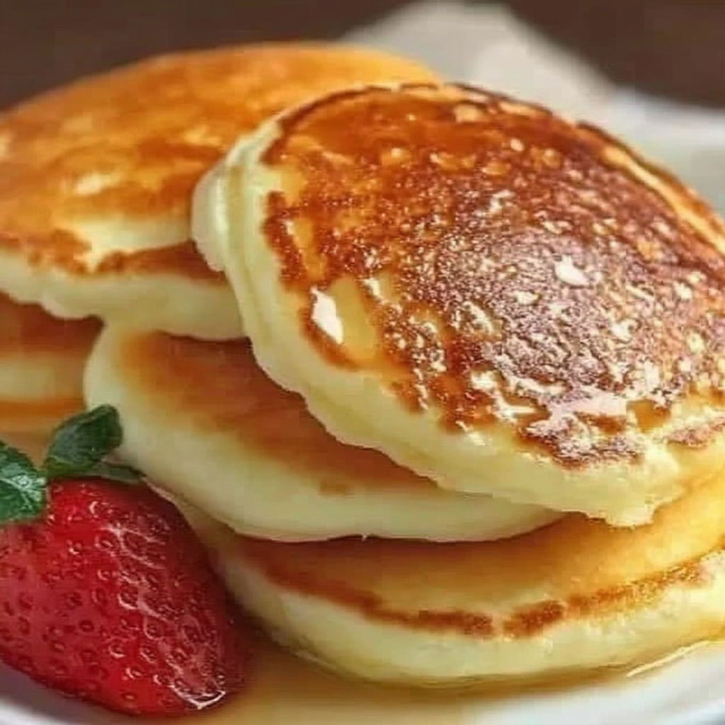 A stack of pancakes with a strawberry on top.