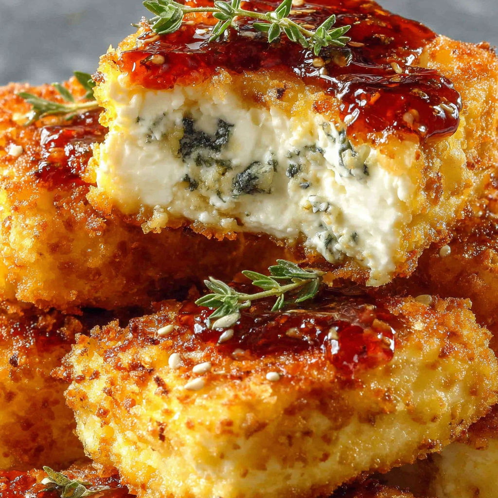 Crispy feta with a golden brown exterior and a creamy interior.