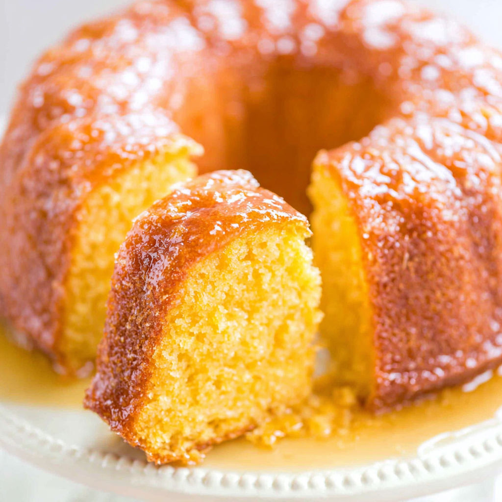 A slice of rum cake on a plate.