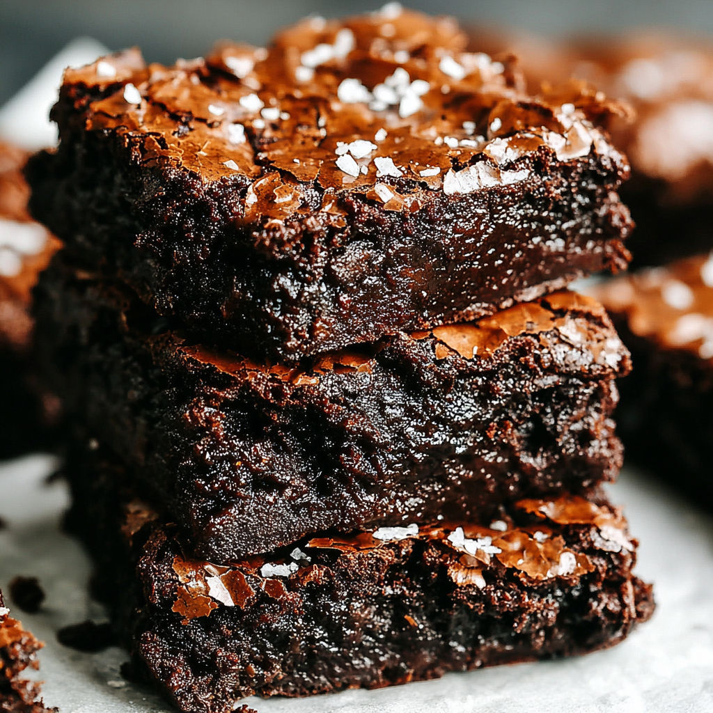 A stack of brownies with white sugar on top.