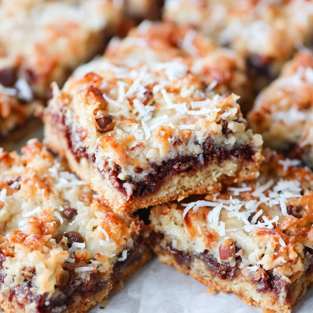 A close up of a 7-layer bar.