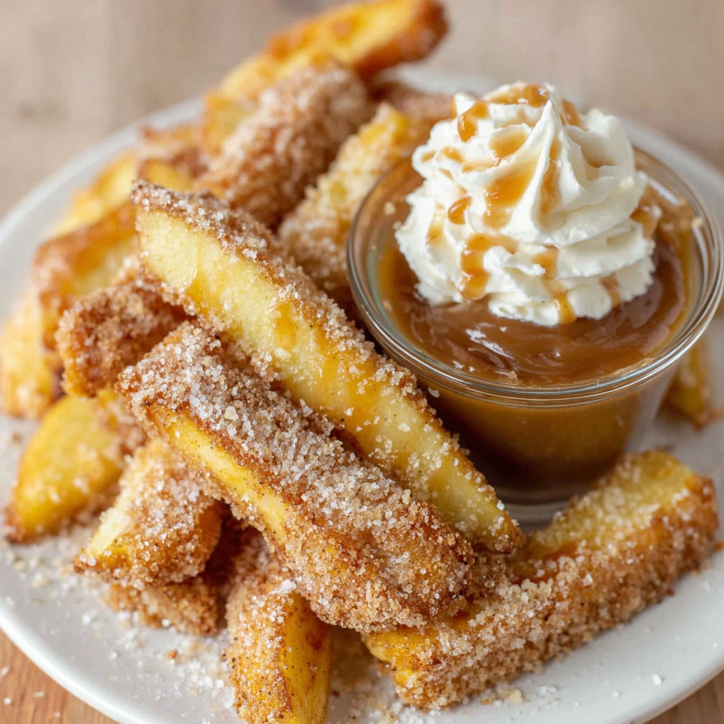 A plate of apple fries with a sauce on top.