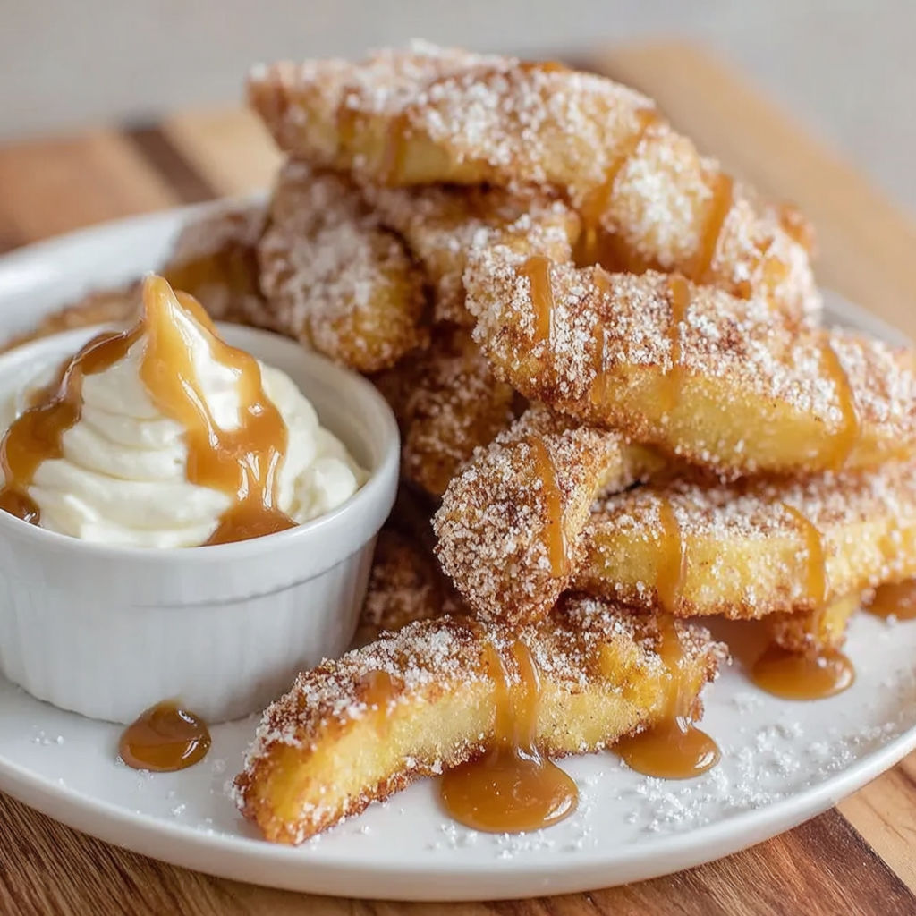 A plate of fried dough with a white sauce and powdered sugar.