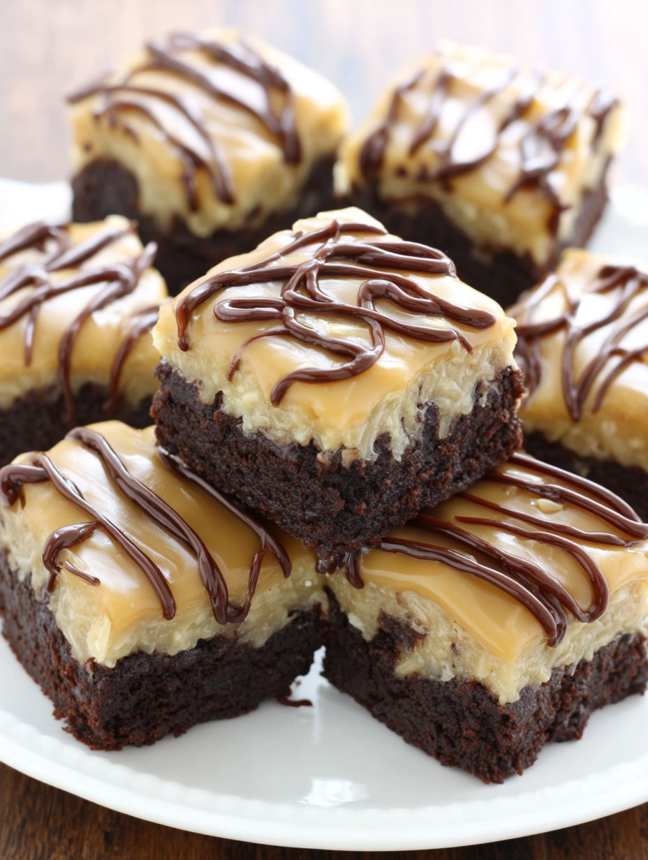 A plate of brownies with chocolate and caramel toppings.