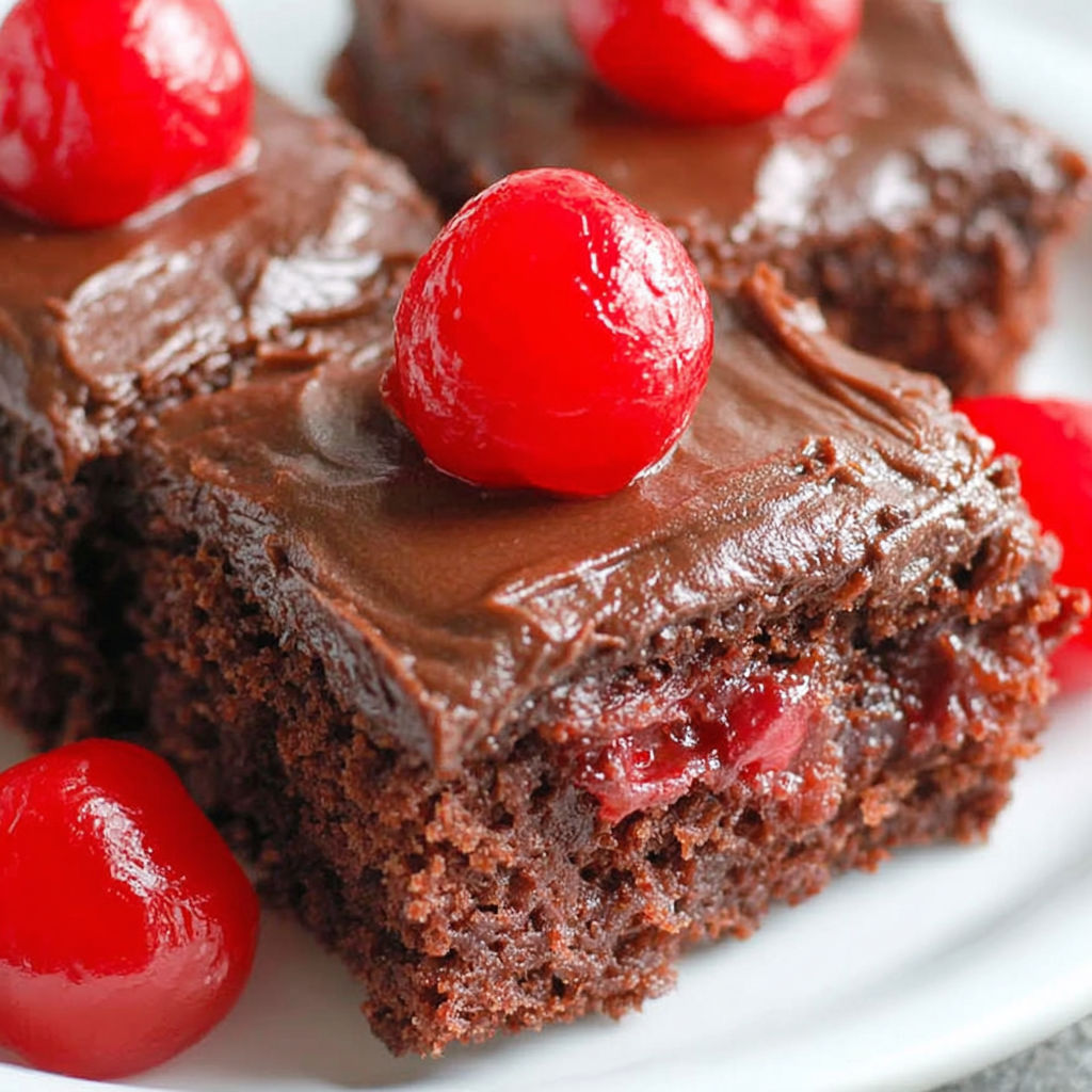 A close up of a chocolate cake with cherries on top.
