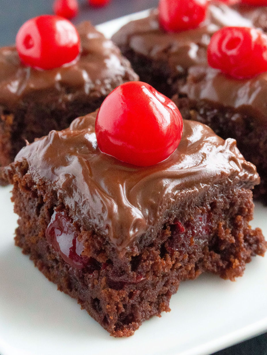 A chocolate dessert with cherries on top.