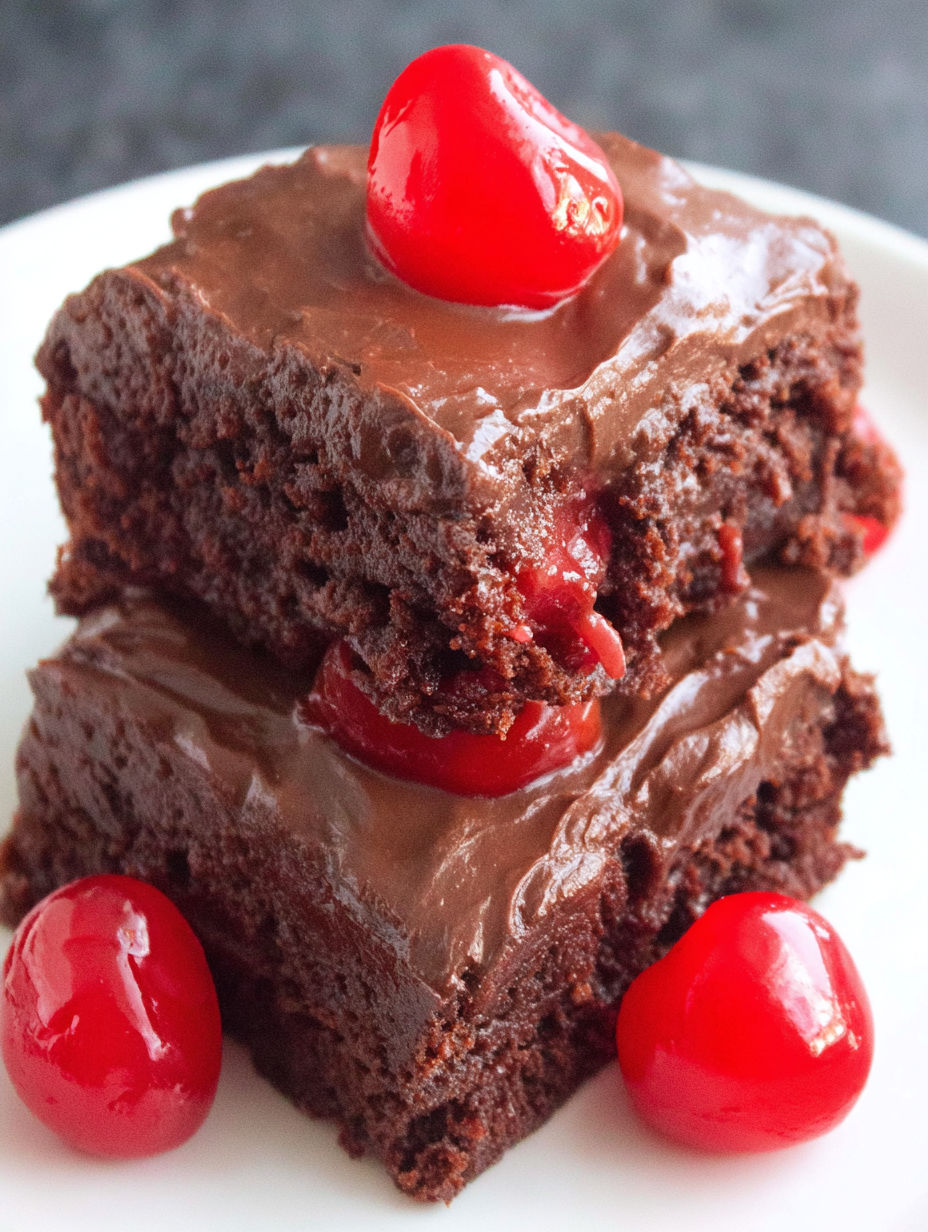 Chocolate cake with cherries on top.