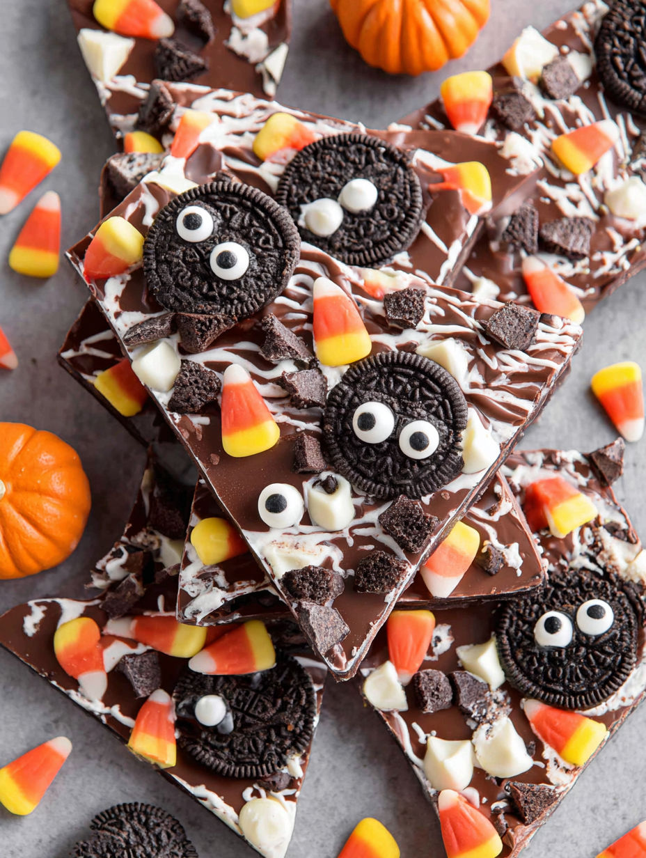 A close up of a piece of Halloween candy bark.
