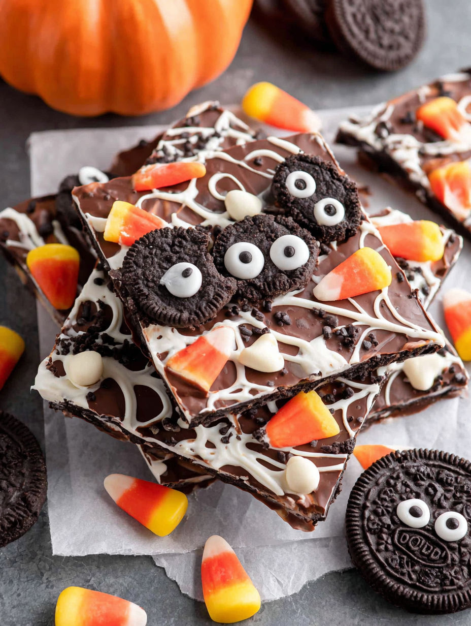 A close up of a Halloween candy bark.