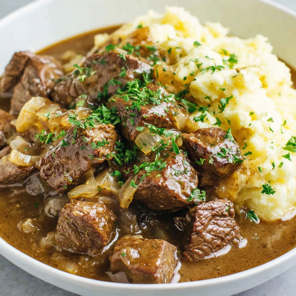 A bowl of beef tips and mashed potatoes.