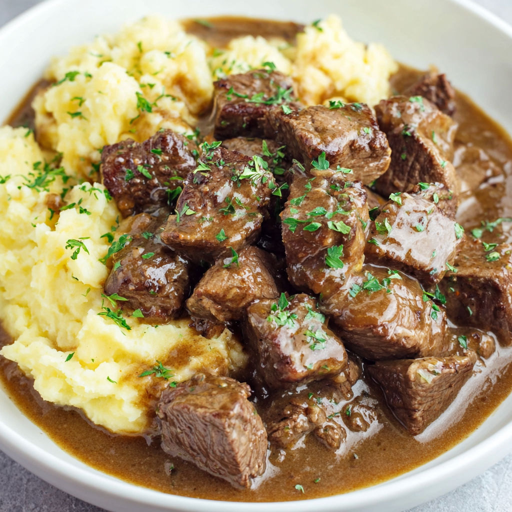 A bowl of beef tips and mashed potatoes.