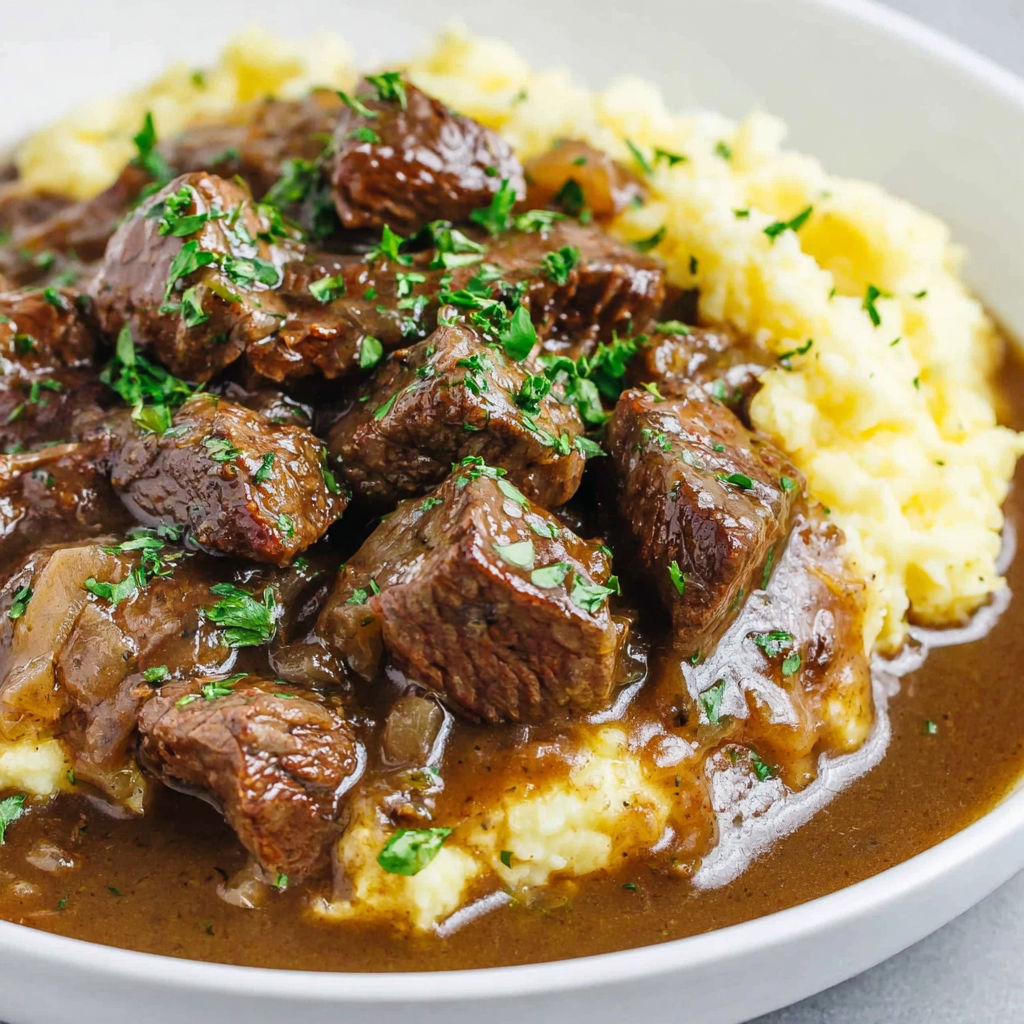 A bowl of beef tips and rice.