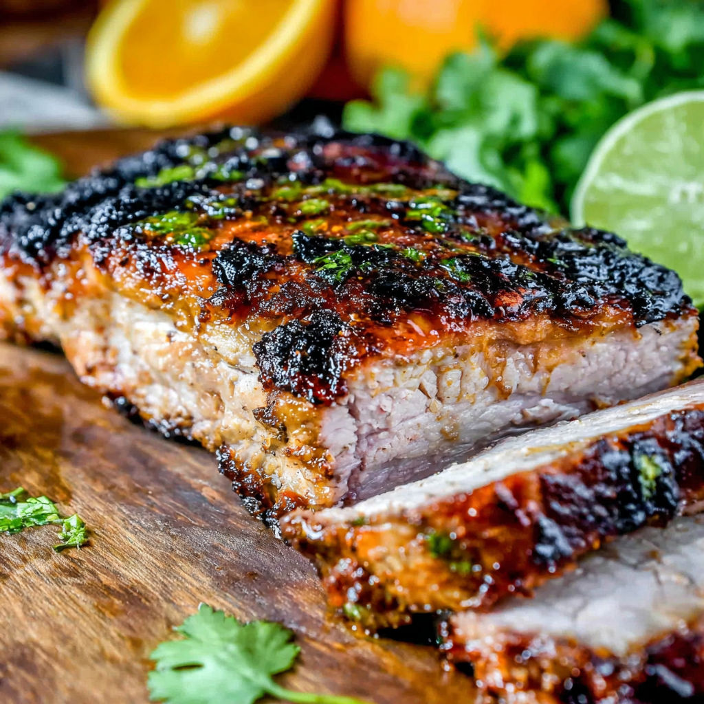 A piece of meat on a wooden cutting board.