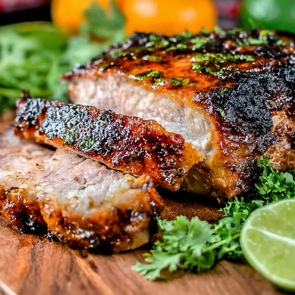 A piece of meat with a green herb on top.