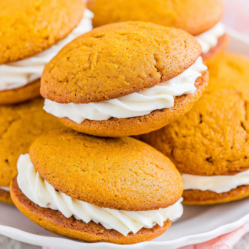 A plate of pumpkin whoopie pies.