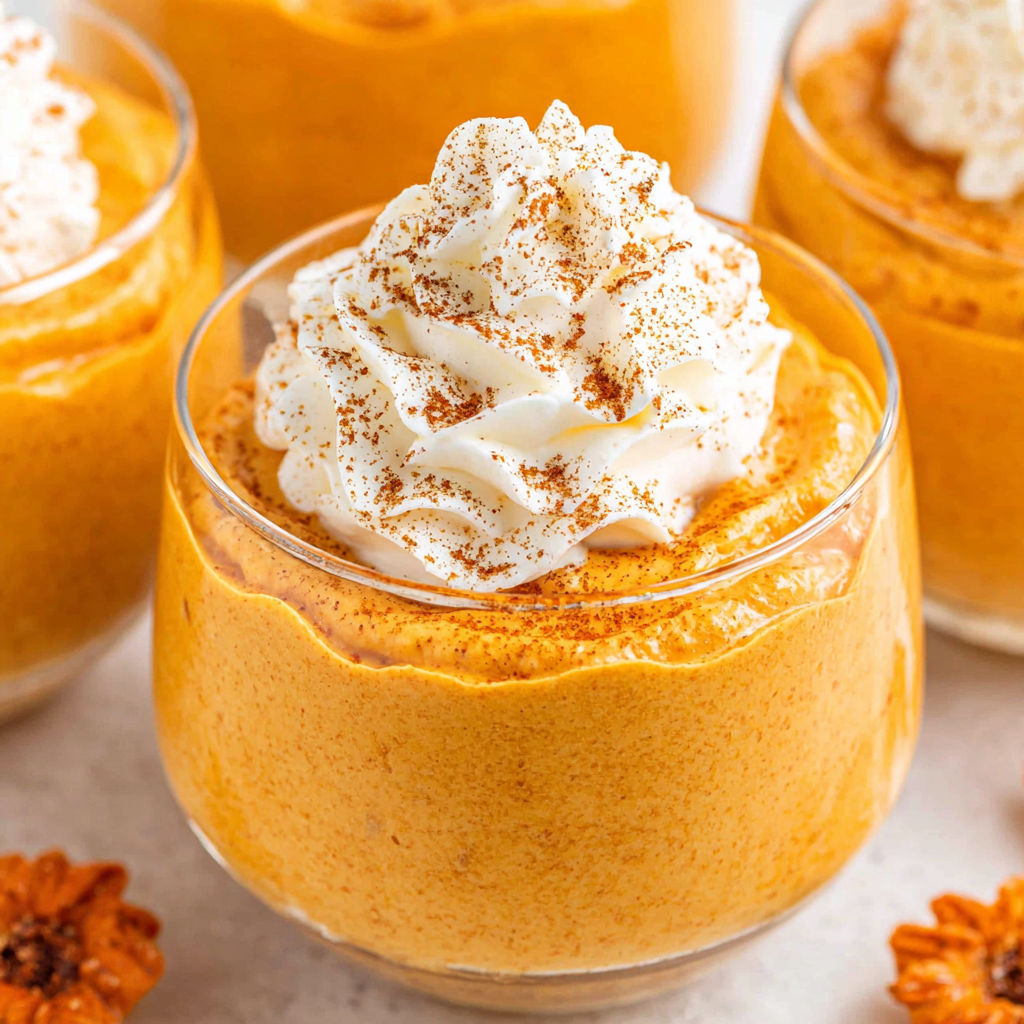 A glass of pumpkin mousse with whipped cream on top.
