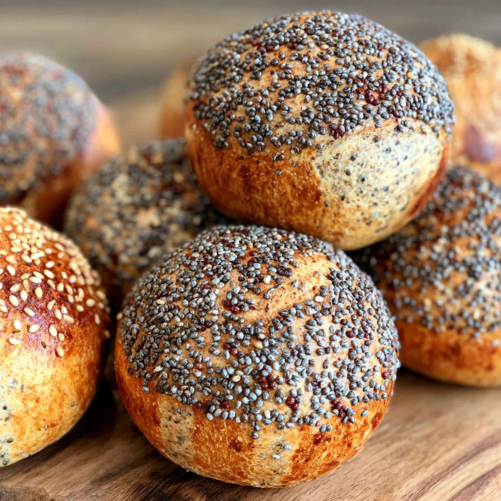 A stack of chia seed bread rolls.