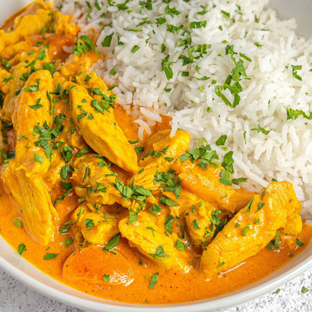 A bowl of creamy chicken and rice.