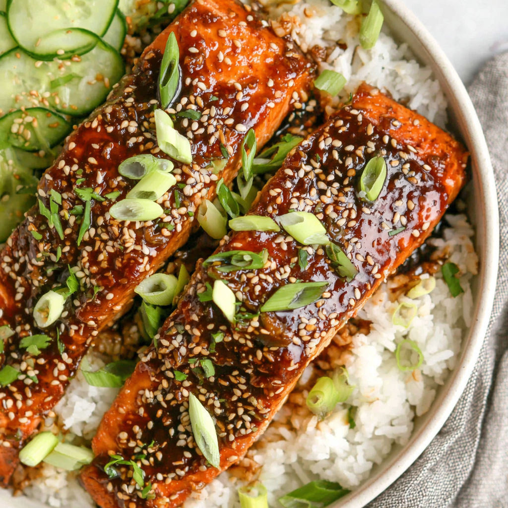 A bowl of rice with salmon on top.