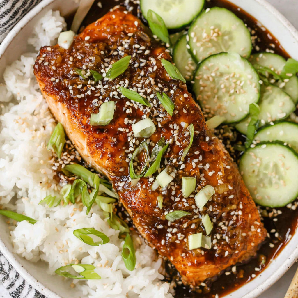 A bowl of food with rice and fish.
