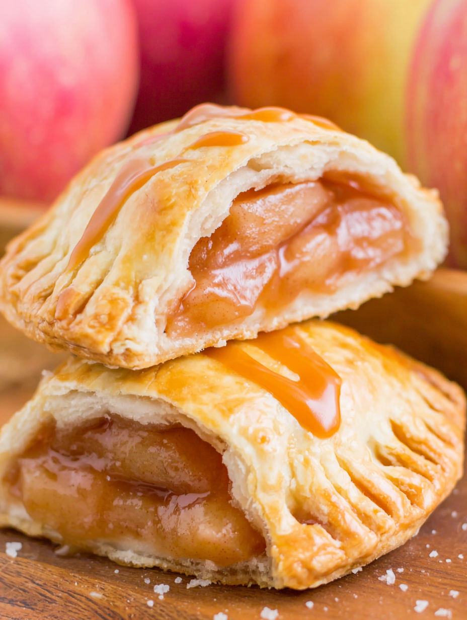 Two caramel apple hand pies on a wooden table.