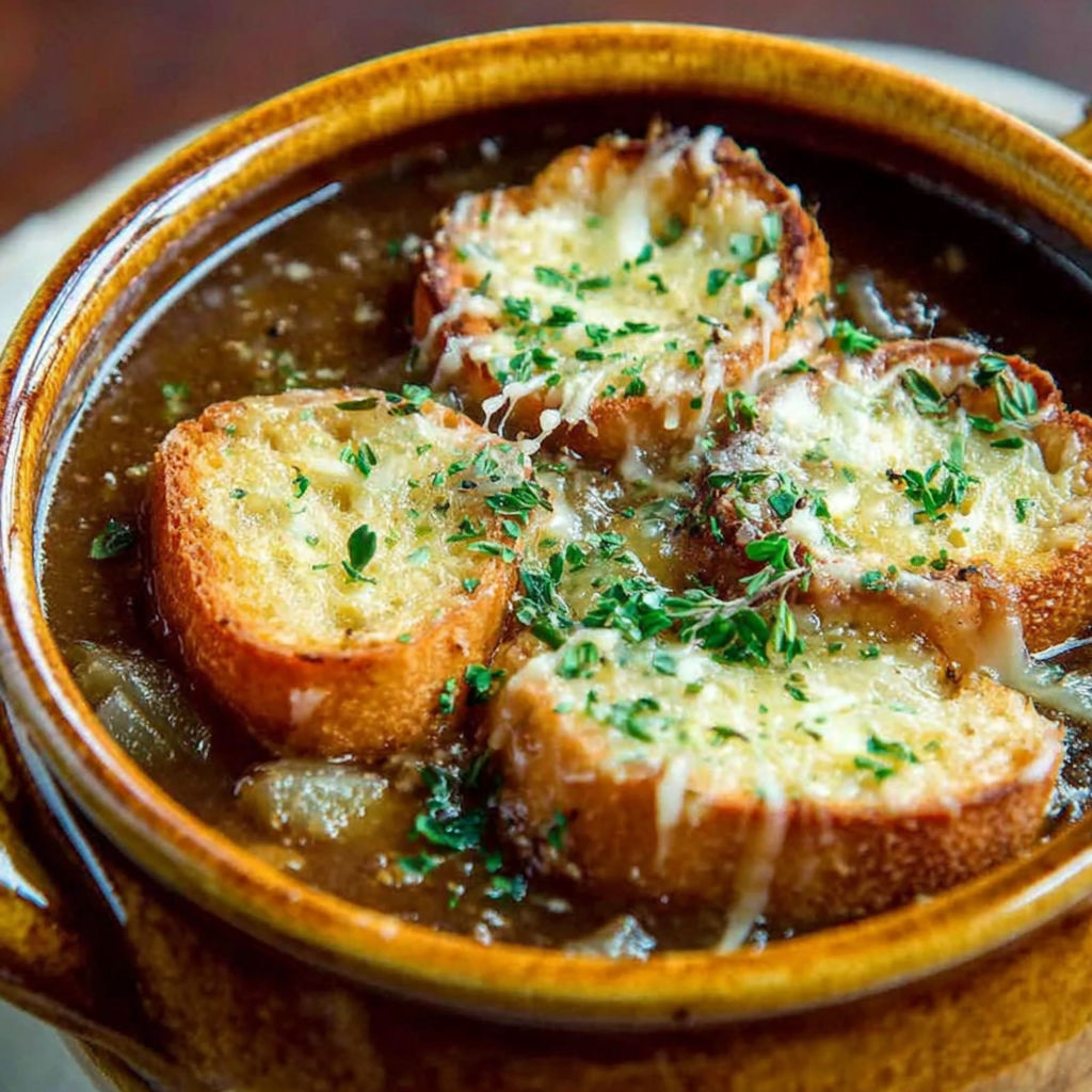 A bowl of French onion soup with bread.