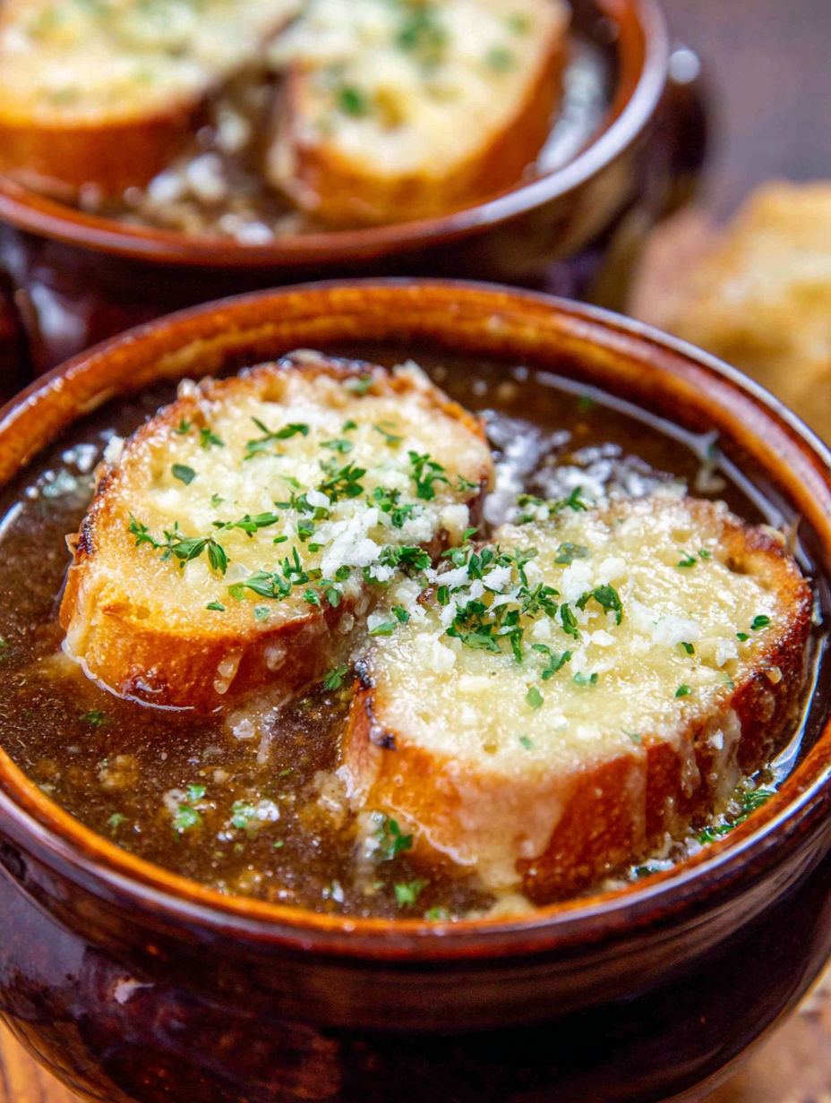 A bowl of soup with a slice of bread in it.