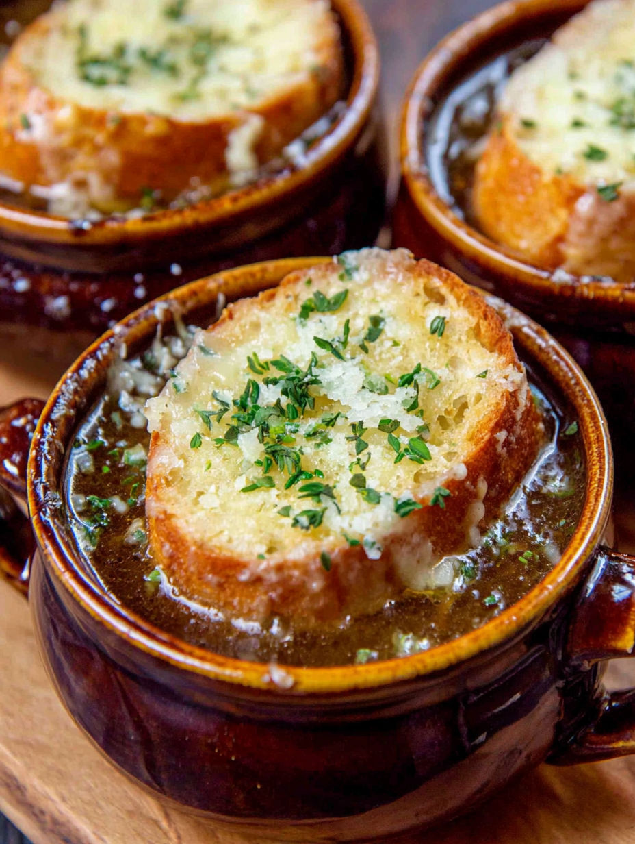 A bowl of soup with a piece of bread in it.
