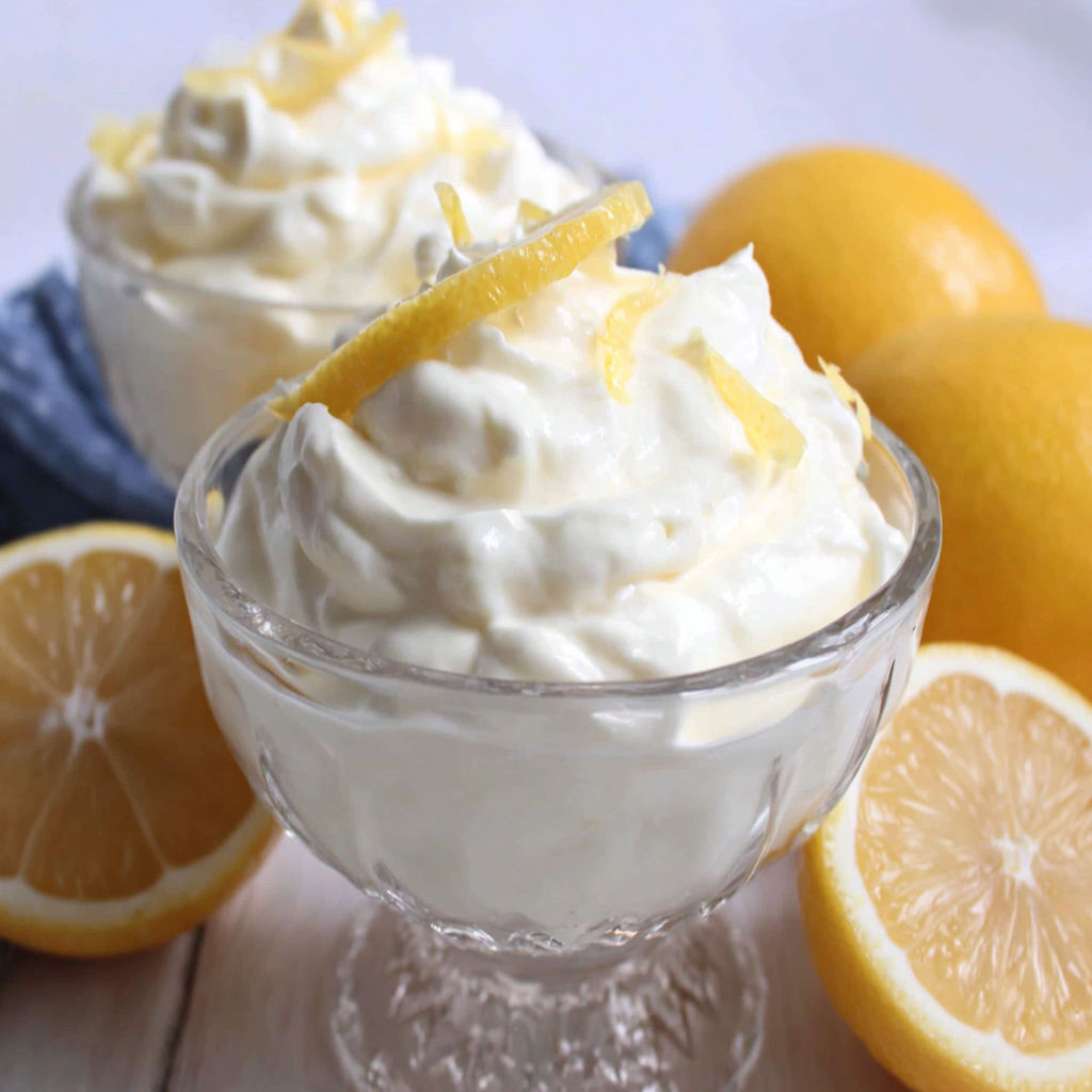 A bowl of lemon cream with lemon slices on the side.