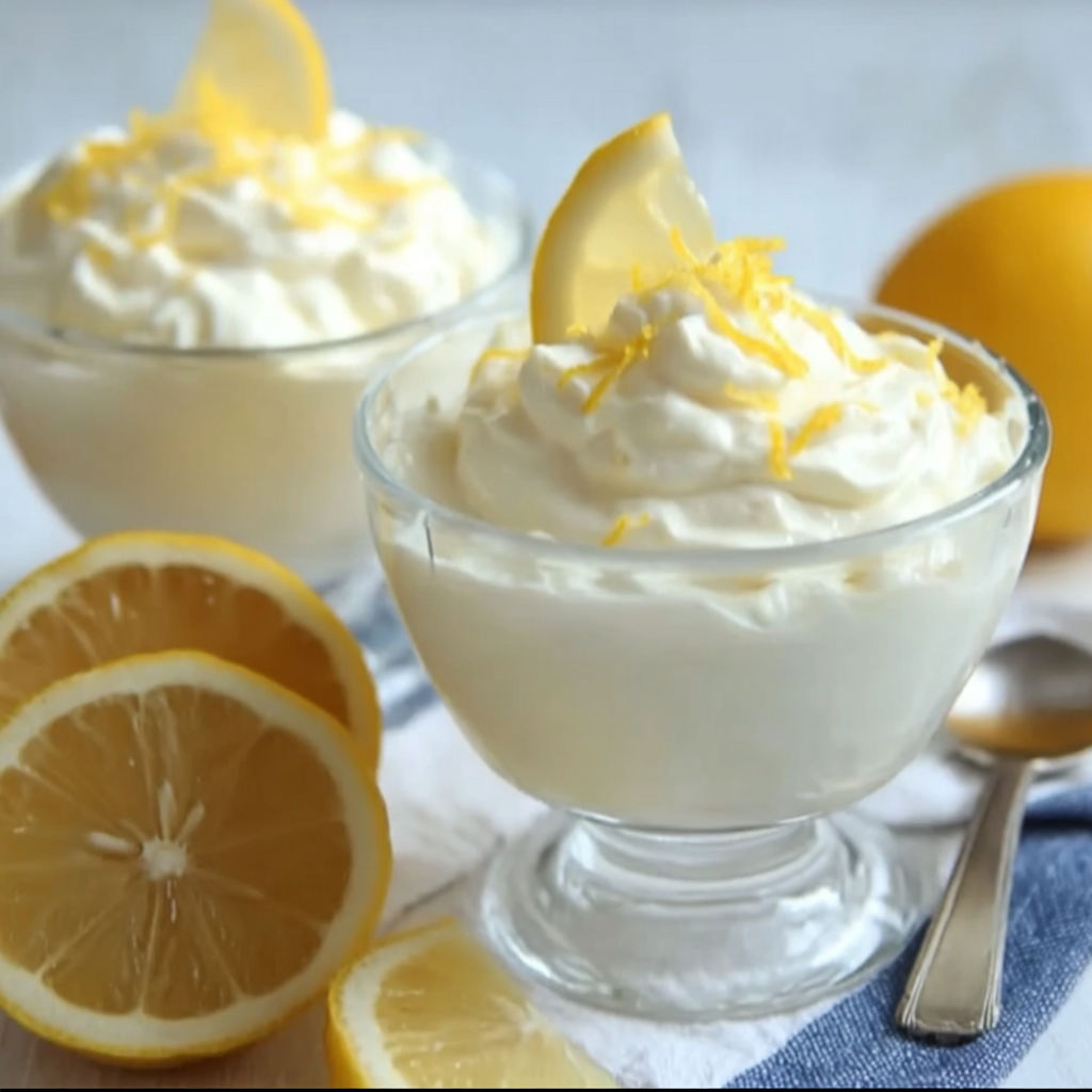 Two bowls of lemon cream with lemon slices on a table.