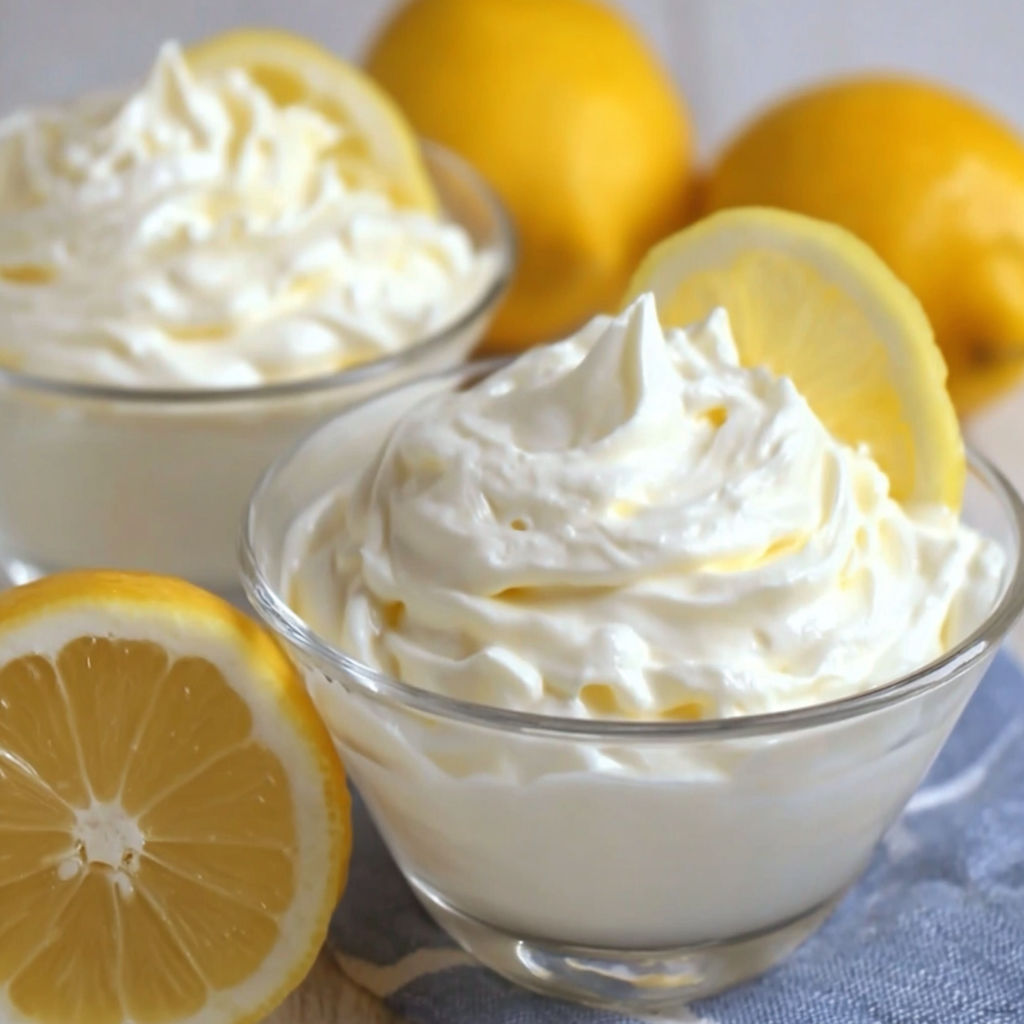 Two bowls of lemon cream with lemon wedges on the side.