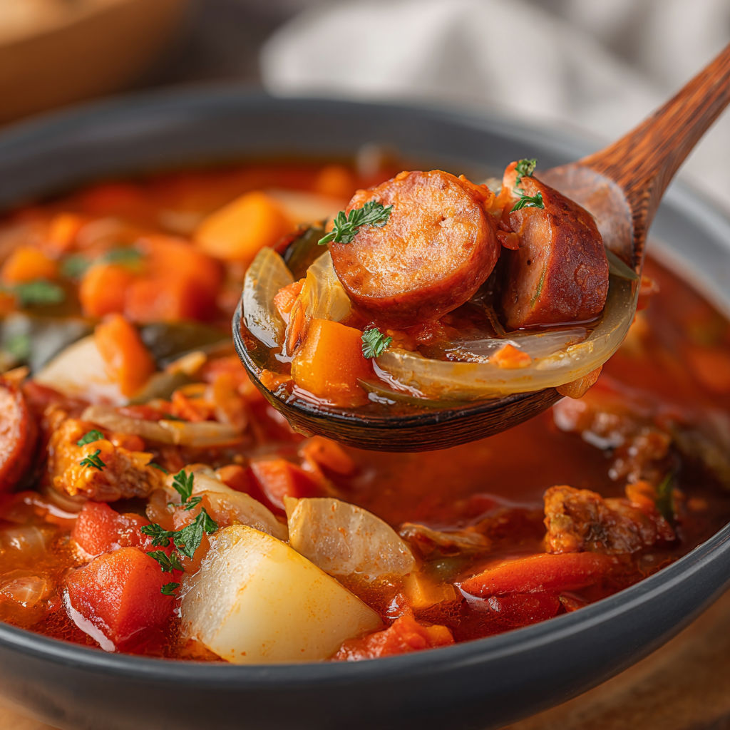 A spoon is in a bowl of soup.