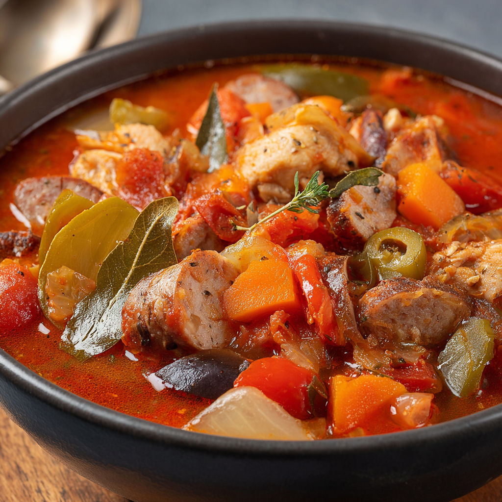 A bowl of soup with meat and vegetables.