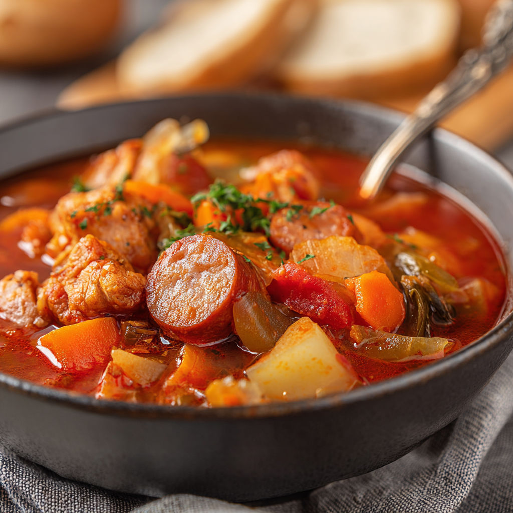 A bowl of soup with meat and vegetables.
