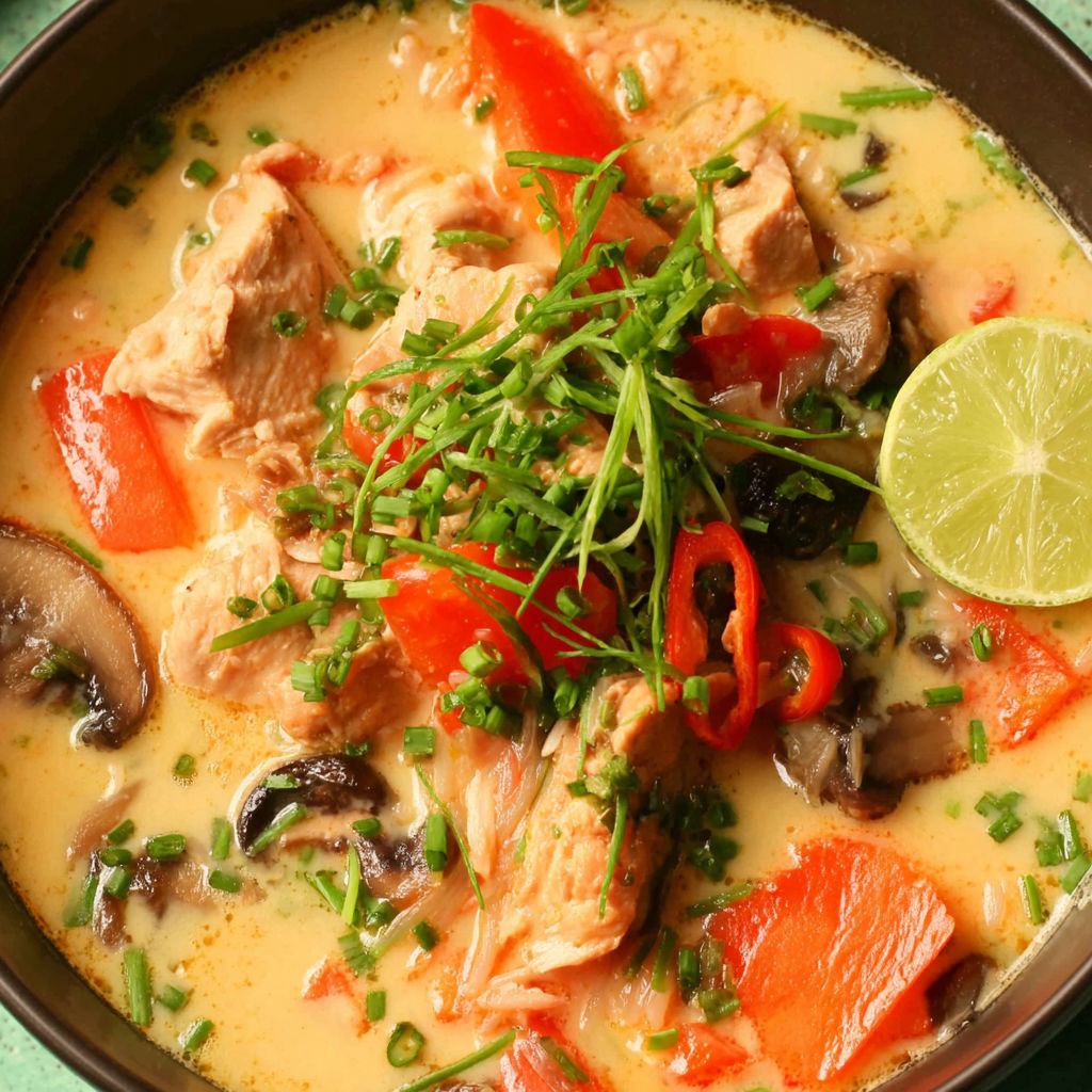 A bowl of Tom Kha Gai soup with chicken, mushrooms, and peppers.