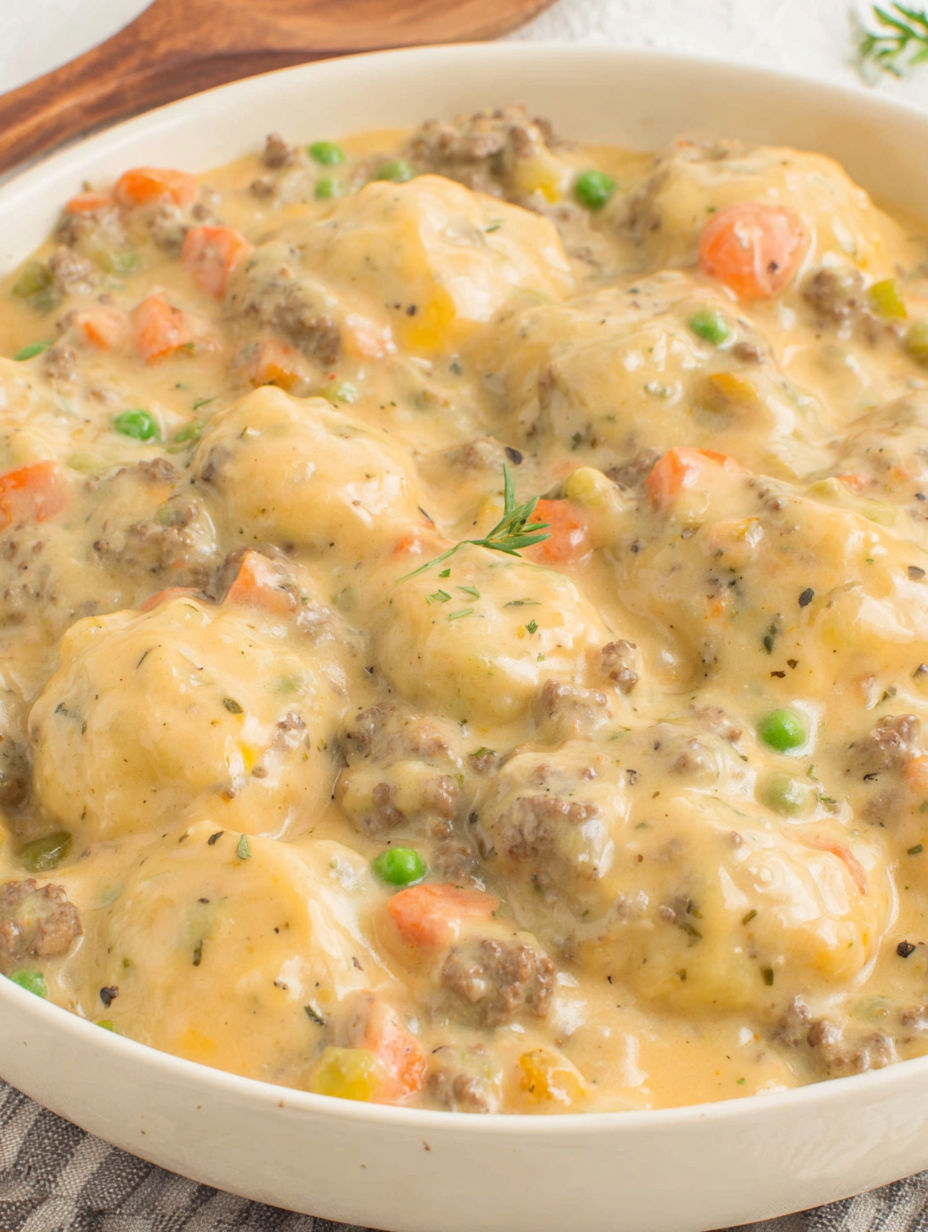A bowl of ground beef and dumplings.