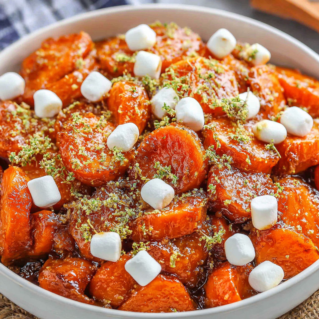 A bowl of candied yams with marshmallows on top.