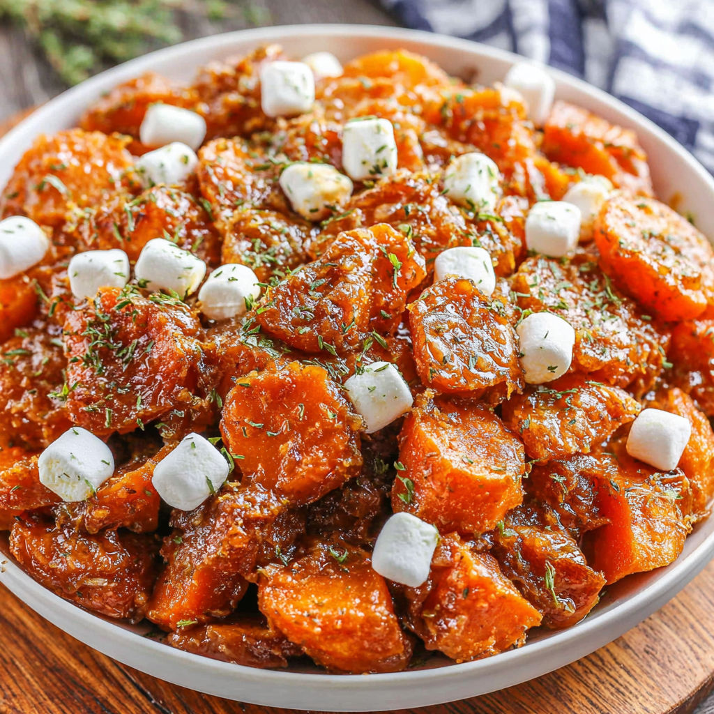 A bowl of candied yams with marshmallows on top.