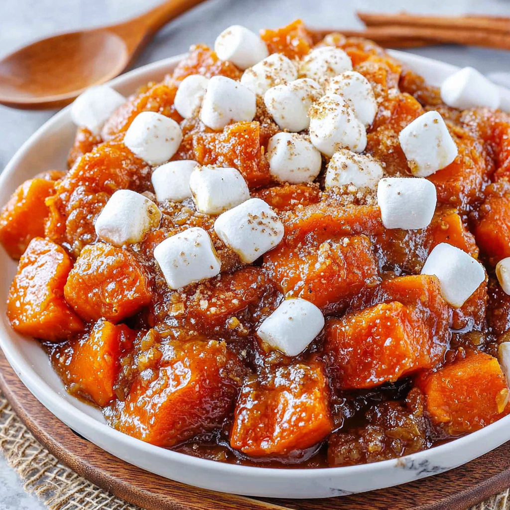 A bowl of candied yams with marshmallows on top.