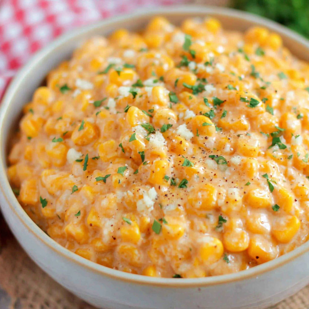 A bowl of creamed corn with green onions on top.