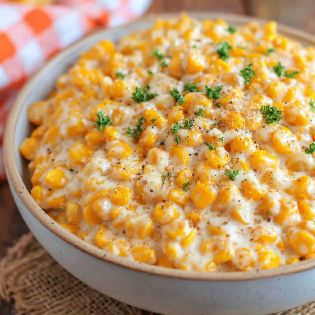 A bowl of creamed corn with corn and green onions.