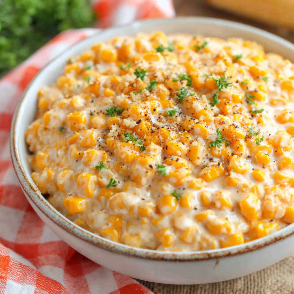 A bowl of creamed corn with corn and green onions.