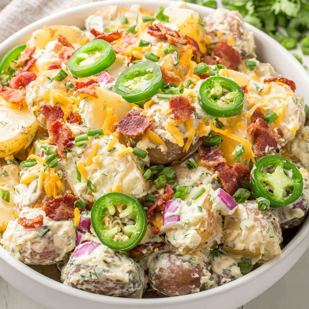 A bowl of jalapeno popper potato salad.
