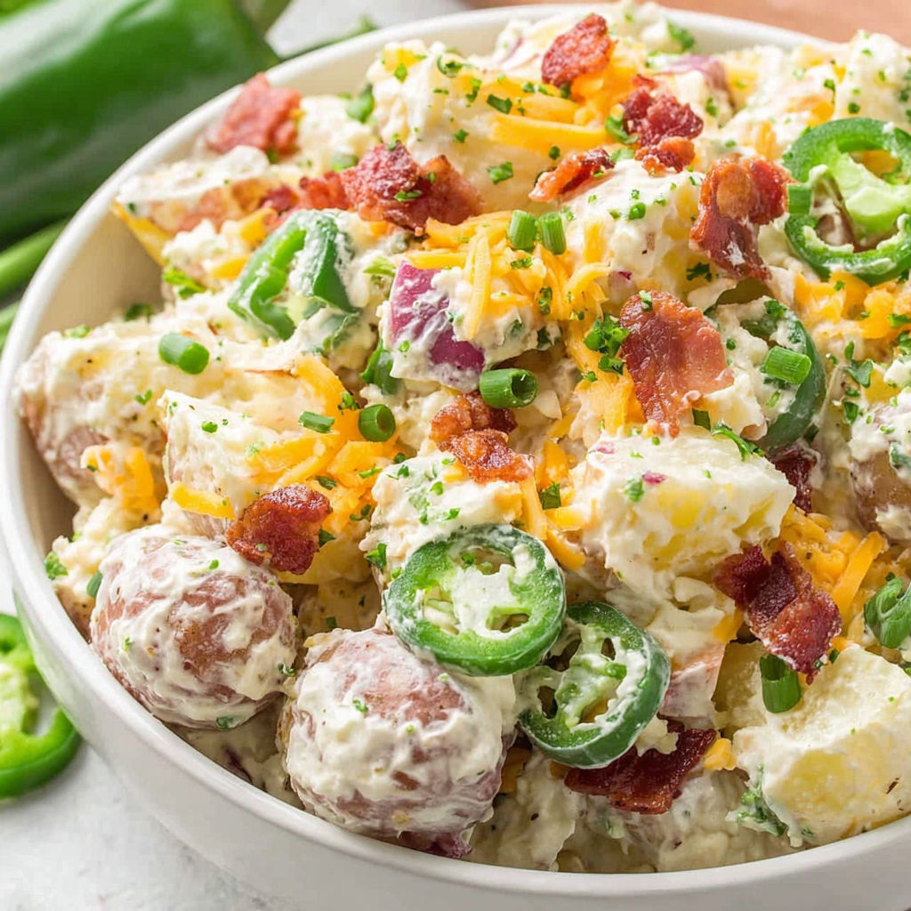 A bowl of jalapeno popper potato salad.