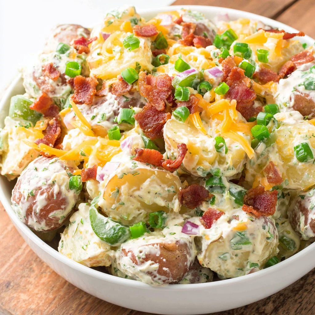 A bowl of jalapeno popper potato salad.